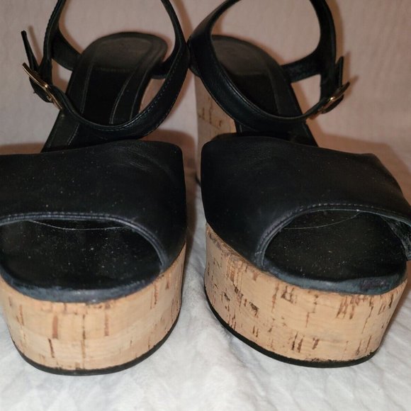 Authentic Fendi Black Leather Ankle Strap Cork Wedge Platform Heels Size 38/US 8 - Picture 14 of 16